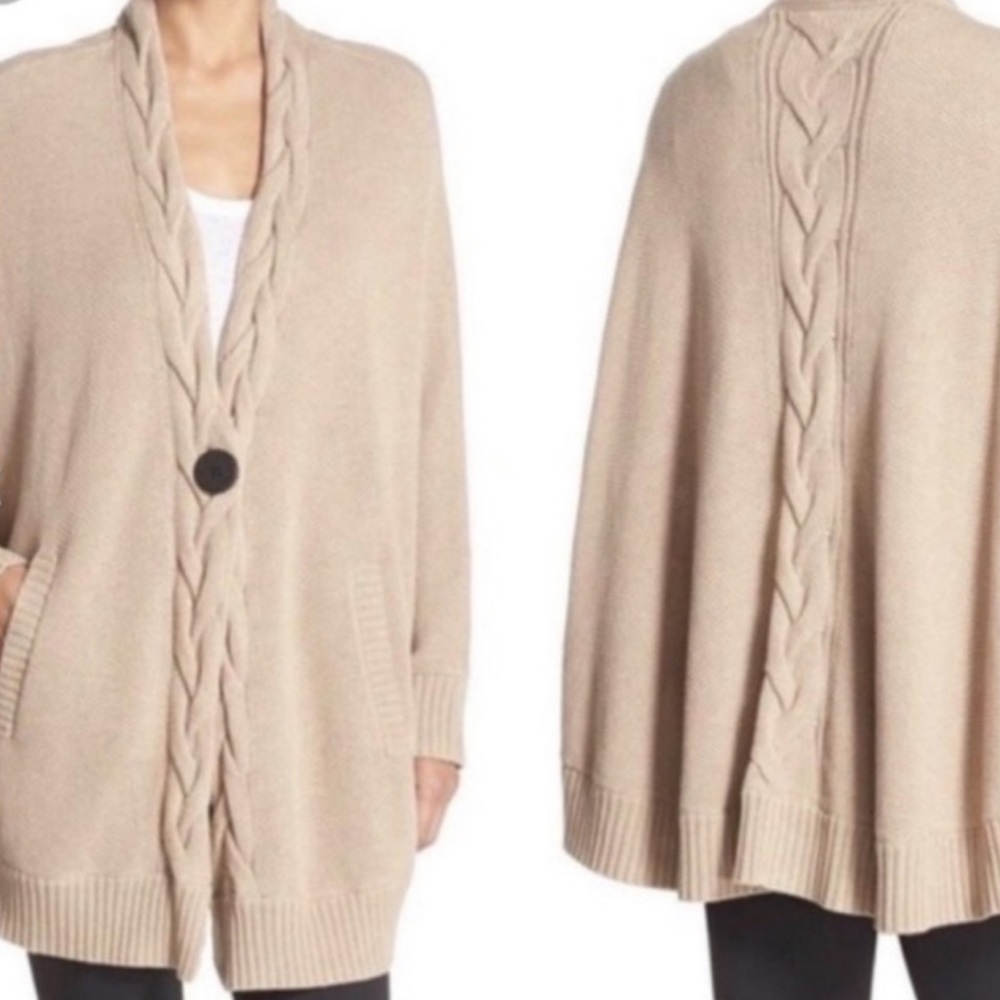 UGG AUSTRALIA Tan Brown Angeline Cable Knit Cape Poncho Sweater | SZ XS/S